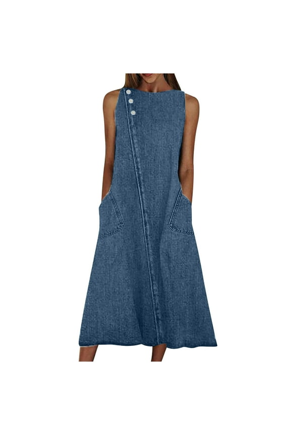 Women's Summer Straight Long Denim Dress with Pocket Crew Neck Babydoll Loose Casual Pencil Dress Smocked Party Trendy 2023 Sleeveless Cocktail Dress Cowboy Solid Sundress Blue 8