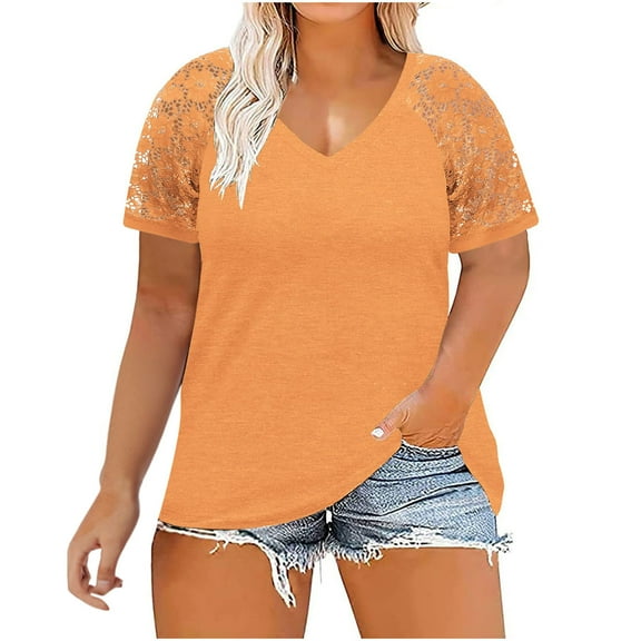 Olyvenn Women's Summer T-Shirts Plus Size Tops Stylish Dressy Women Fashion Trendy Lace Short Sleeve Tees Lace Patchwork Solid Tops V Neck Shirts Oversized Comfy Loose Casual Blouse Orange 14