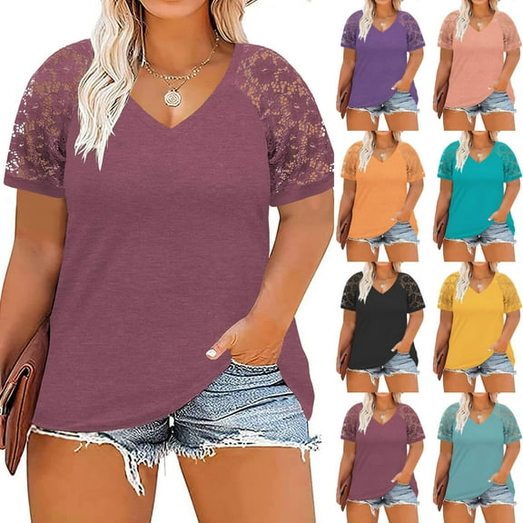Olyvenn Women's Summer T-Shirts Plus Size Tops Stylish Dressy Women Fashion Trendy Lace Short Sleeve Tees Lace Patchwork Solid Tops V Neck Shirts Oversized Comfy Loose Casual Blouse Pink 14