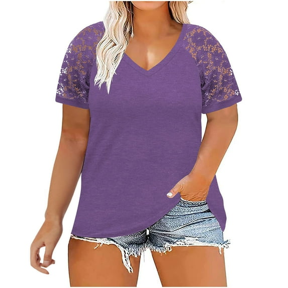 Olyvenn Women's Summer T-Shirts Plus Size Tops Deals Dressy Women 2023 Fashion Trendy Lace Short Sleeve Tees Lace Patchwork Solid Tops V Neck Shirts Oversized Comfy Loose Casual Blouse Purple 10