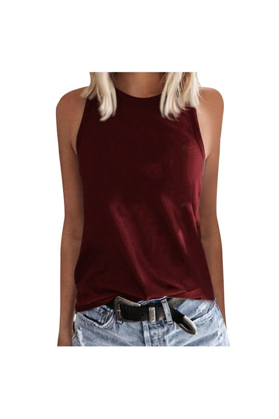 Women's Summer Tank Tops Racerback High Neck Shirts Slim Fit Flowy Casual Tunic Blouse Strap Body Suits Women Fashion 2023 Trendy Seamless Sleeveless Tops Cute Solid Cami Wine 6