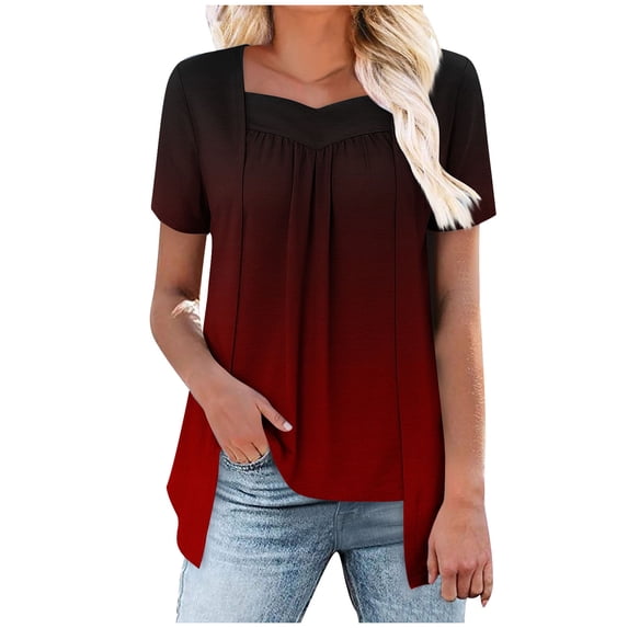 Olyvenn Women's Summer Top Short Sleeve Tunic Plus Size Ladies Shirts Gradient Blouses Loose Fit Flowy Tops for Leggings Red L