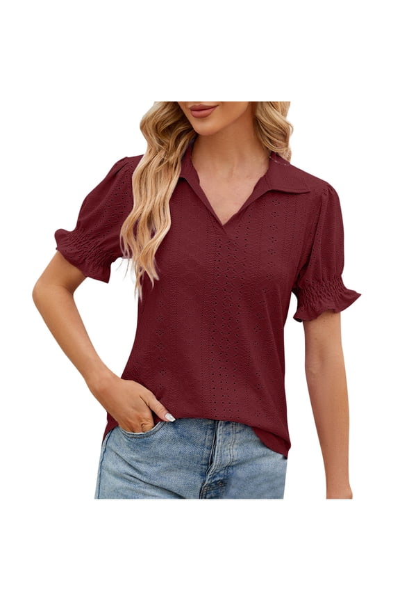Women's Summer Tops Puff Short Sleeve V Neck Blouses Dressy Casual Hollow Out Eyelet Embroidered Collared Tunic Shirts Wine L