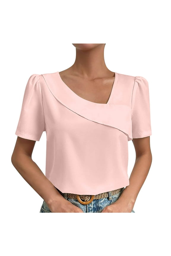 Women's Summer Tunic Crop Tops T-Shirts Stylish Fashion Trendy Short Sleeve Tees Knot Wrap Solid Tops Slant V-Neck Shirts Loose Casual Business Flowy Blouse Dressy Women Pink 6