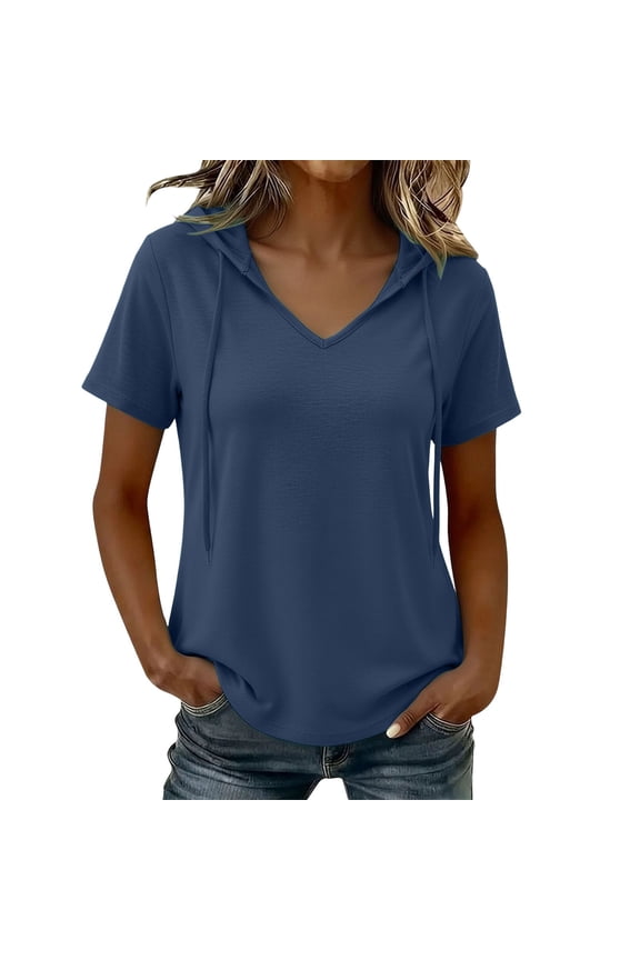 Women's Summer V-Neck Hooded Casual T-Shirt, Solid Drawstring Lightweight Breathable Short Sleeve Top Navy L