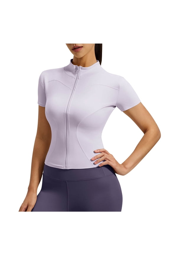 Women's Summer Zip Up Stand Collar Yoga Top, Tight Fit Naked Feel Stretch Breathable Short Sleeve Workout Shirt Purple M