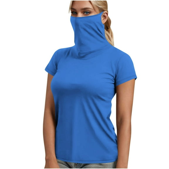 Olyvenn Women's Sun Protection Neck Gaiter Tops UPF 50+ Short Sleeve Fishing Hiking Shirts Face Cover Blouse Blue S