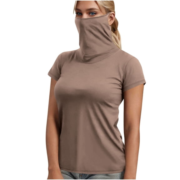 Olyvenn Women's Sun Protection Neck Gaiter Tops UPF 50+ Short Sleeve Fishing Hiking Shirts Face Cover Blouse Coffee XL