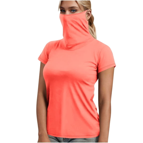 Olyvenn Women's Sun Protection Neck Gaiter Tops UPF 50+ Short Sleeve Fishing Hiking Shirts Face Cover Blouse Orange L
