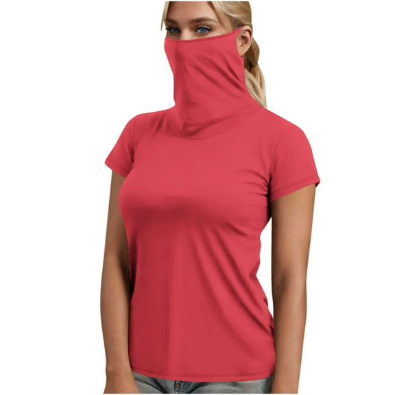 Olyvenn Women's Sun Protection Neck Gaiter Tops UPF 50+ Short Sleeve Fishing Hiking Shirts Face Cover Blouse Red S