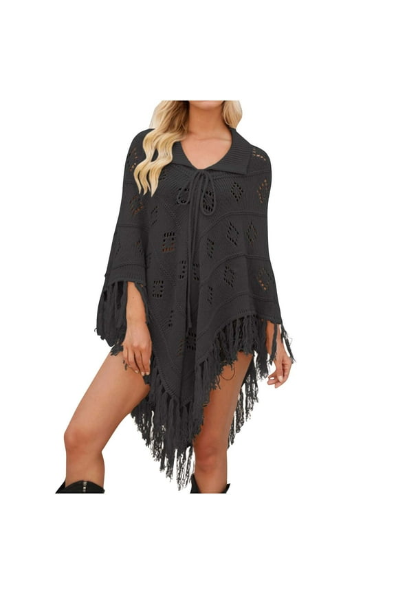 Women's Sweater Knit Crochet Stylish Wrap Soft Fringe Summer Shawl Asymmetrical Cape Drawstring Lapel Tops Black M