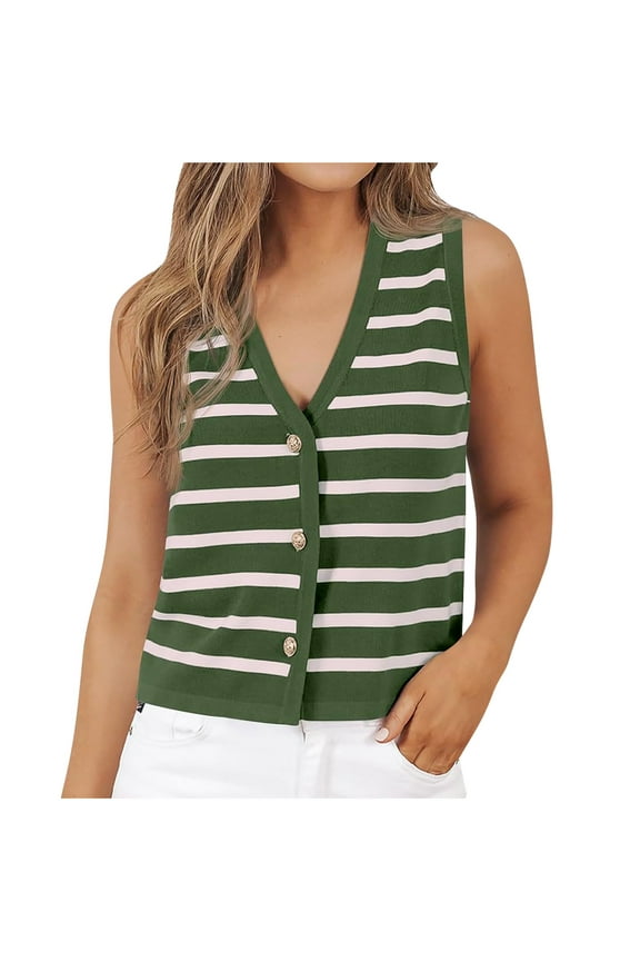 Women's Sweater Vest Sleeveless Striped V Neck Knit Tank Tops Button Front Cropped Vests 2025 Trendy Green S