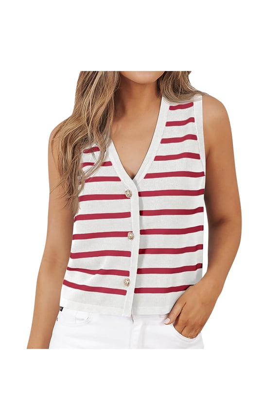 Women's Sweater Vest Sleeveless Striped V Neck Knit Tank Tops Button Front Cropped Vests 2025 Trendy Red XL