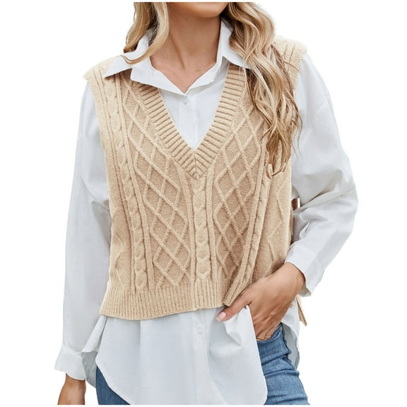 Olyvenn Women's Sweater Vest V Neck Sleeveless Casual Ribbed Cable Cropped Pullover Vests Argyle Plaid Knit Tank Tops Beige S
