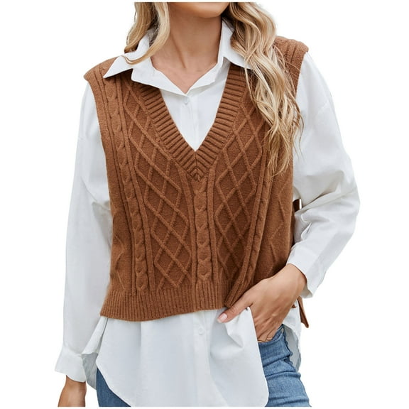 Olyvenn Women's Sweater Vest V Neck Sleeveless Casual Ribbed Cable Cropped Pullover Vests Argyle Plaid Knit Tank Tops Brown XL