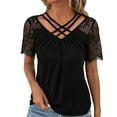 thumbnail image 1 of Olyvenn Women's T-Shirt Lace Short Sleeve Criss Cross V-Neck Tops 2025 Summer Lace Patchwork Trendy Casual Comfy Tshirts Black L, 1 of 7