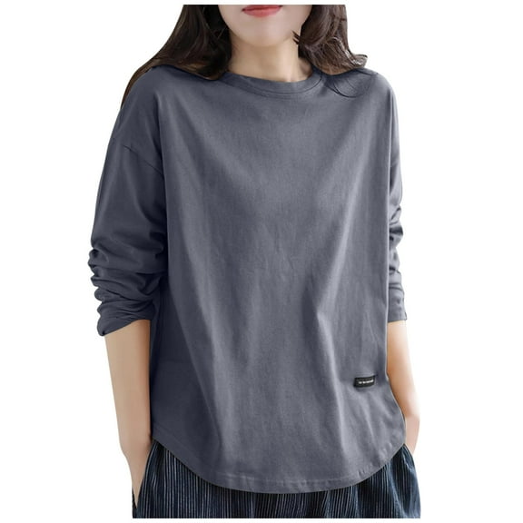 Olyvenn Women's T-Shirts Long Sleeve Casual Solid Crew Neck Fall Fashion Bottoming Home Solid Cotton Office Lady Tops Gray M