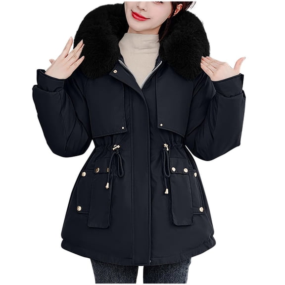 Olyvenn Women's Thicken Fleece Lined Parka Winter Coat Hooded Jacket with Pockets Drawstring Warm Outdoor Overcoat Black XL