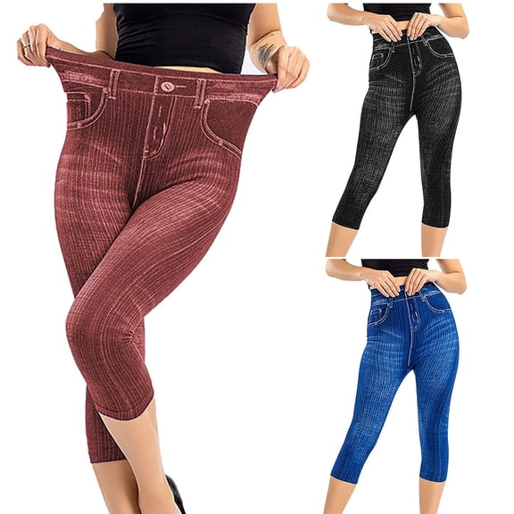 Olyvenn Women's Tight Fit Imitation Denim Printing Bottom Pants High Elastic Pencil Pants Capris Dressy Casual Cargo Pants Boho Yoga Leggings Summer 2023 Trendy Trousers Black Free Size