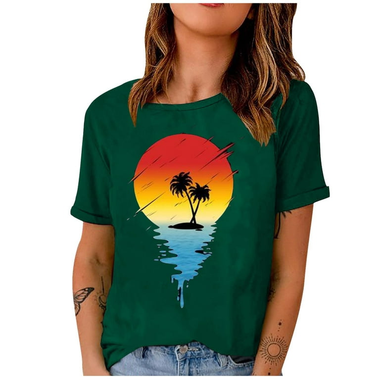 Olyvenn Women's Trendy Basic Tees T-Shirts Clearance Summer Short Sleeve  Tees Tropical Graphic Tops Crew Neck Shirts Beach Style Casual Blouse  Vintage Clothing 2023 Fashion Green 14 