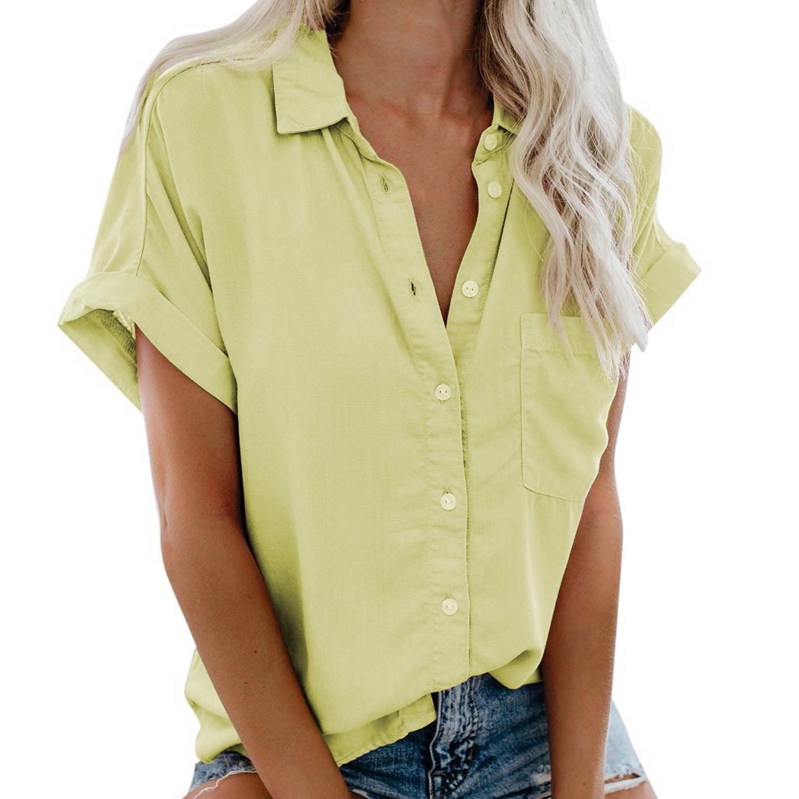 Olyvenn Women's Trendy Button Down Polo Shirts with Pocket Savings Fashion  Summer Short Sleeve Tees Solid Color Tops Lapel Turndown Collar Shirts
