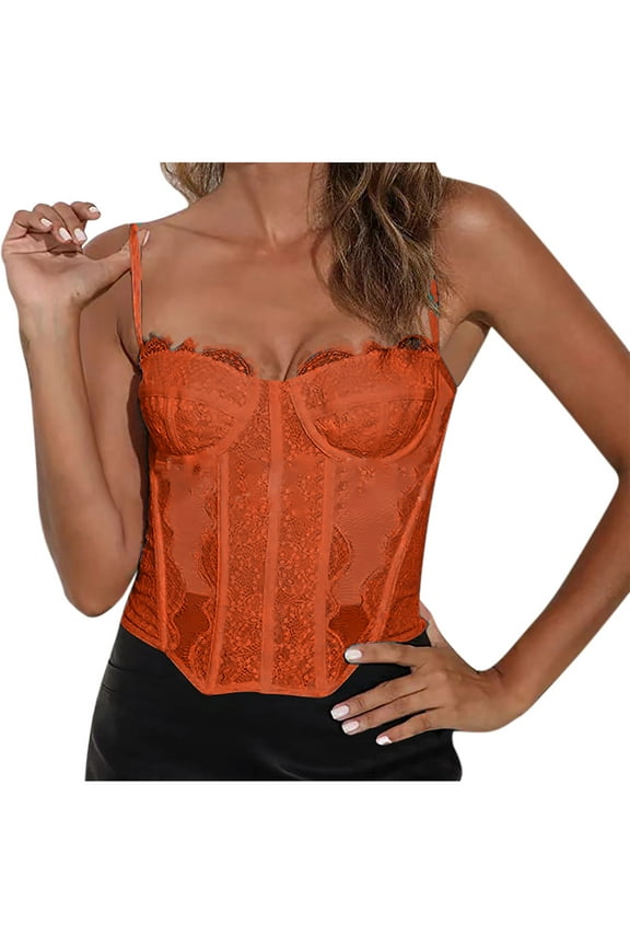 Women's Trendy Lace Bustier Crop Top Floral Embroidery Adjustable Straps Backless Clubwear Party Black Orange M