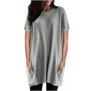 Olyvenn Women's Trendy Plus Midi T-Shirts with Pockets Save Big Fashion Summer Short Sleeve Tees Comfy Solid Tops Crew Neck Shirts Pleated Loose Casual Dressy Blouse Vintage Gray 6