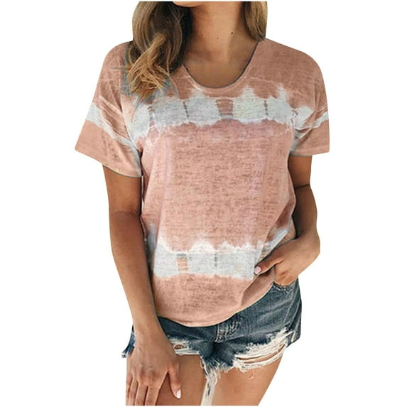 Olyvenn Women's Trendy Plus T-Shirts Reduced Crew Neck Shirts Loose Casual Dressy Blouse Vintage Clothing 2023 Fashion Summer Short Sleeve Tees Gradient Tie Dye Print Tops Pink 6