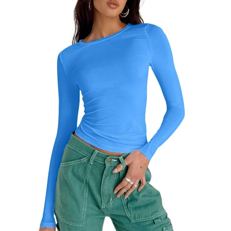 Olyvenn Women's Trendy Stretch Tight Fit T-Shirts Reduced Solid Tops Crew  Neck Shirts Skinny Flowy Slim Fit Casual Croped Blouse Vintage Clothing  2023 Fashion Summer Short Sleeve Tees Blue 6 