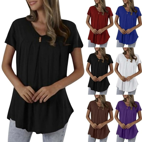 Olyvenn Women's Trendy Tee Shirts Short Sleeve Button Down Blouse Casual Pleated Front Tops Dress Crewneck Summer Clothes 2025 Black XXL