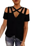 Olyvenn Women's Trendy Tunic Hide Belly Blouses Reduced Solid Tops Bandage Sexy V Neck Shirts Slim Fit Flowy Casual Blouse Vintage Fashion Summer Cold Shoulder Short Sleeve Tees Black 10