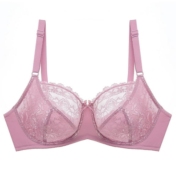 Olyvenn Women's Trendy Unlined Sheer Lace Bra Underwire Embroidery Push Up Brassiere Pink Bralette Pink M