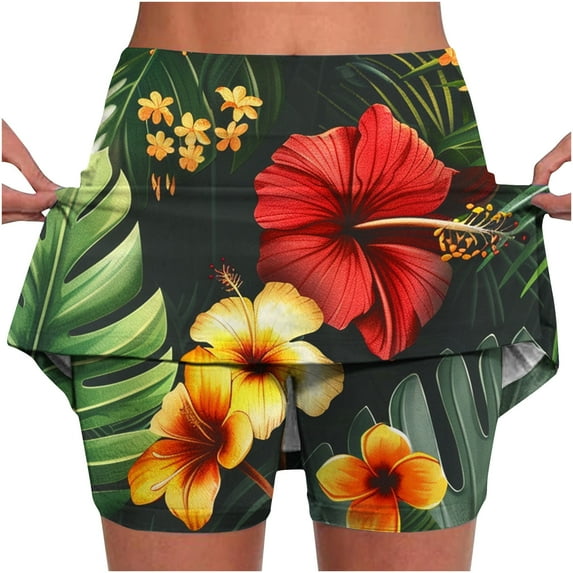 Olyvenn Women's Tropical Floral Print Skort Shorts with Pockets High Waist Workout Running Shorts Skirt with Shorts Lining Golf Tennis Skorts for Ladies Green 14