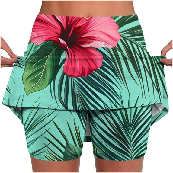 Olyvenn Women's Tropical Flower Print Tennis Skort with Inner Shorts Pockets Athletic Golf Skirts High Waist Skort for Running Sports Workout A Line Skirt Green 4