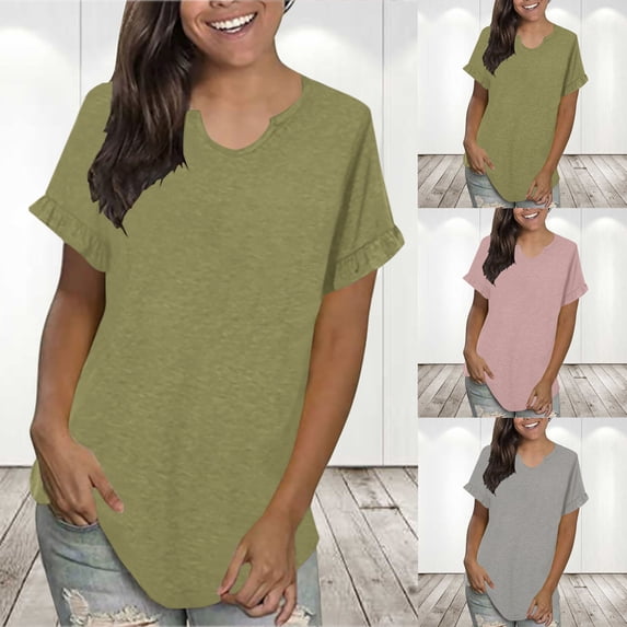 Olyvenn Women's Tunic T-Shirts Casual Tops Solid Tops Slit Crew Neck Comfy Loose Fit Casual Flowy Blouse Workout Women 2023 Summer Fashion Trendy Ruffle Sleeve Short Sleeve Tees Gray 4