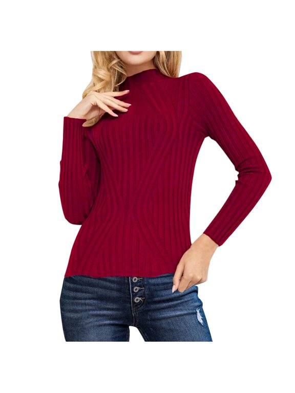 Women's Turtleneck Sweater Long Sleeve Ribbed Knit Fitted Pullover Sweaters Casual Fall Fashion Base Layer Basic Tops Wine L