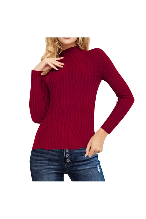 Women's Turtleneck Sweater Long Sleeve Ribbed Knit Fitted Pullover Sweaters Casual Fall Fashion Base Layer Basic Tops Wine L