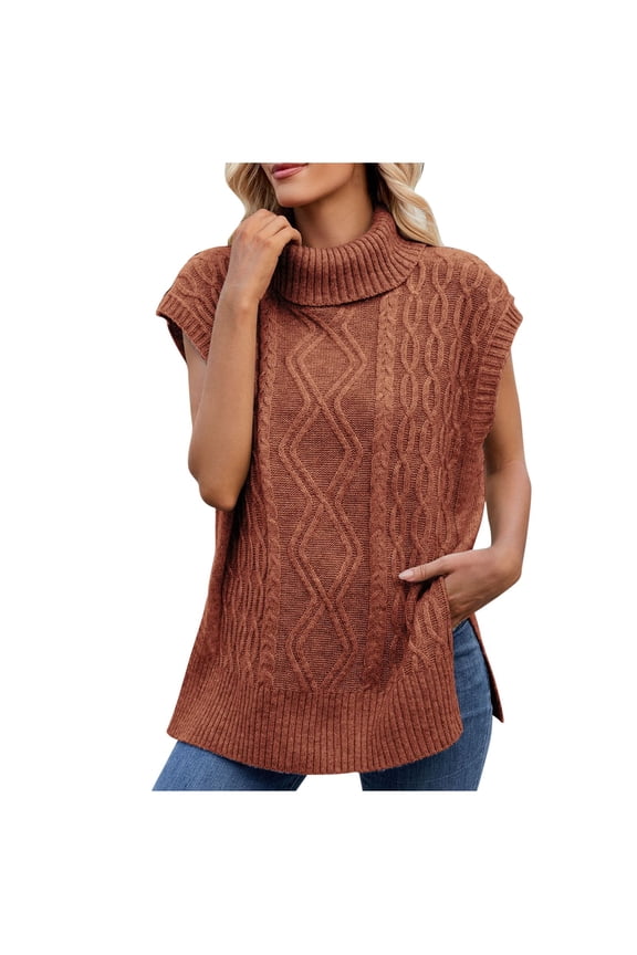 Women’s Turtleneck Sweater Vest Fall Fashion Sleeveless Side Slit Ribbed Solid Knitted Pullover Sweaters Tops Coffee M