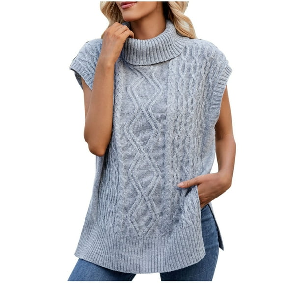 Olyvenn Women’s Turtleneck Sweater Vest Fall Fashion Sleeveless Side Slit Ribbed Solid Knitted Pullover Sweaters Tops Gray L