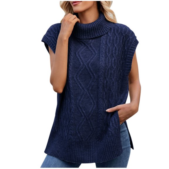 Olyvenn Women’s Turtleneck Sweater Vest Fall Fashion Sleeveless Side Slit Ribbed Solid Knitted Pullover Sweaters Tops Navy S