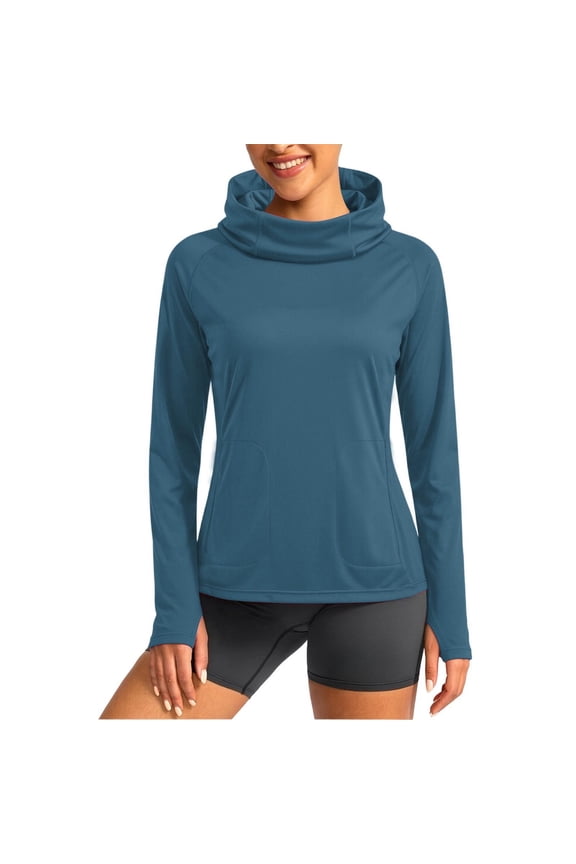 Women's UPF 50+ Hooded Sun Protection Long Sleeve Top, Thumb Holes, Lightweight Fabric, Outdoor Hiking & Running Shirt Blue S