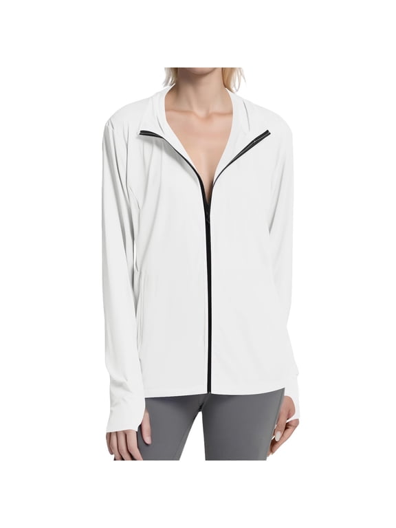 Women's UPF Sun Protection Shirts with Thumb Holes SPF Jacket UV Zip Up Hoodie Long Sleeve Summer Ice Silk Outdoor with Pockets White XL