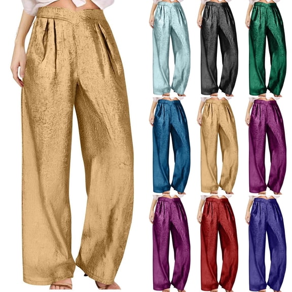 Olyvenn Women's V Cross High Elastic Waist Straight Wide Leg Pants Casual Loose Pleated Party Night Out Club Wear Long Pants Black L