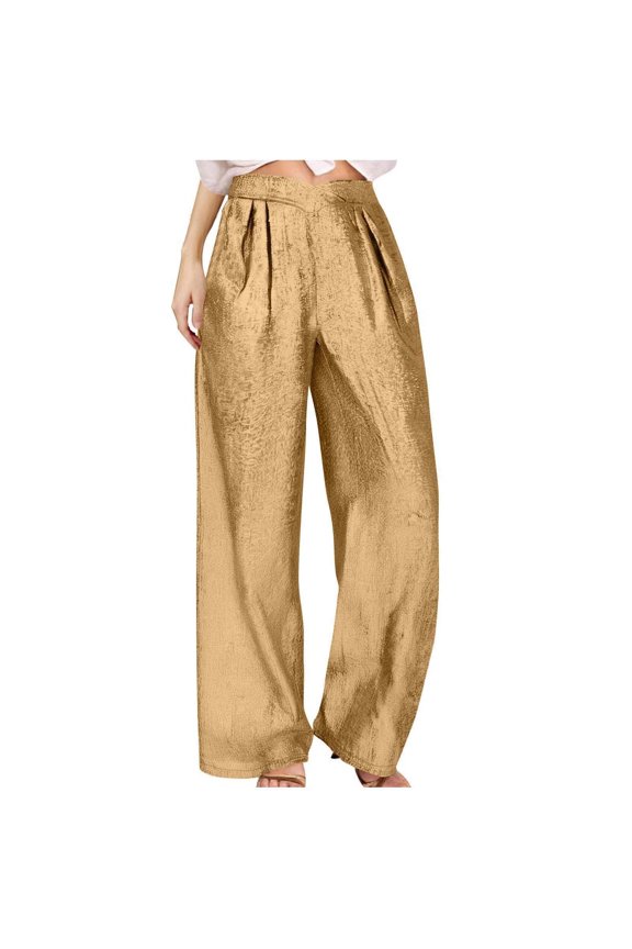 Women's V Cross High Elastic Waist Straight Wide Leg Pants Casual Loose Pleated Party Night Out Club Wear Long Pants Gold L