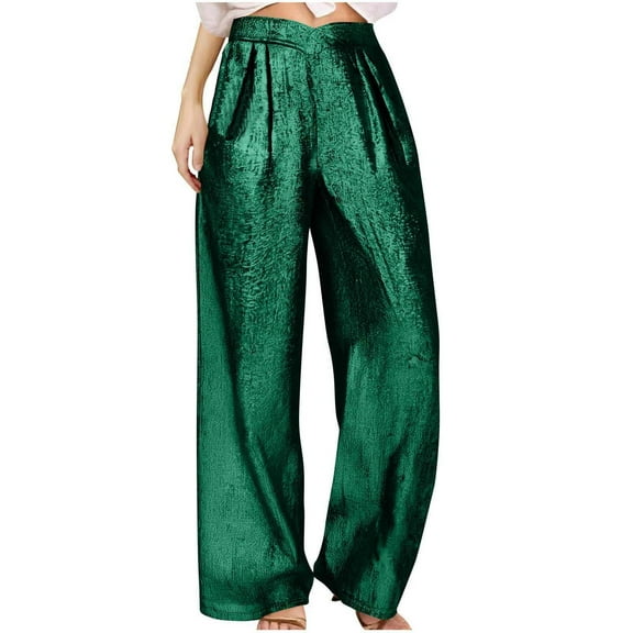 Olyvenn Women's V Cross High Elastic Waist Straight Wide Leg Pants Casual Loose Pleated Party Night Out Club Wear Long Pants Green L