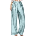 thumbnail image 1 of Olyvenn Women's V Cross High Elastic Waist Straight Wide Leg Pants Casual Loose Pleated Party Night Out Club Wear Long Pants Light Blue M, 1 of 9