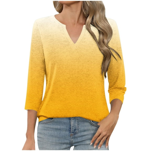 Olyvenn Women's V Neck 3/4 Sleeve T Shirts Fashion Gradient Casual Basic Summer Tees Shirts Loose Fit Tunic Tops Yellow M