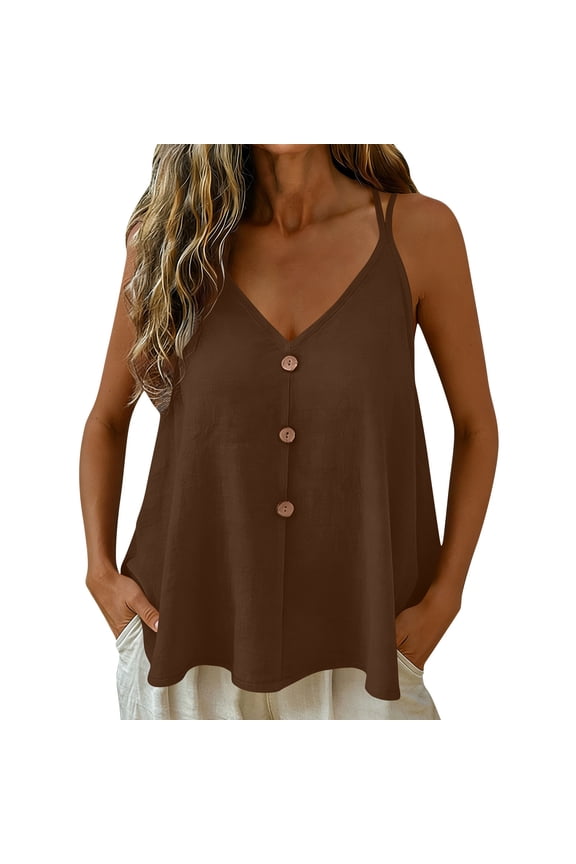 Women's V-Neck Button-Front Linen Cami Top, Spaghetti Straps, Sleeveless, Loose Peplum Hem, Casual Summer Blouse Coffee L