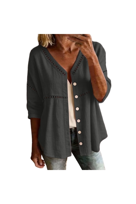 Women's V-Neck Eyelet 3/4 Sleeve Button Down Solid Color Linen Blouse Casual Loose Fit Peplum Tops Gray XXL
