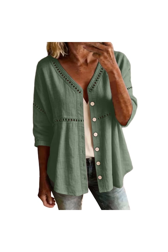 Women's V-Neck Eyelet 3/4 Sleeve Button Down Solid Color Linen Blouse Casual Loose Fit Peplum Tops Green S